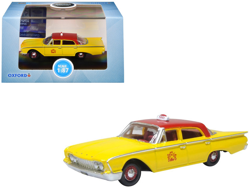 1960 Ford Fairlane Sedan NYC Taxi Yellow with Red Top and Interior 1/87 (HO) Scale Diecast Model Car Oxford Diecast 87FF60003