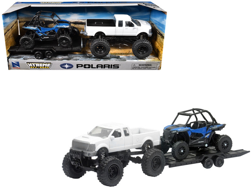 Lifted Pickup Truck White and Polaris RZR XP Turbo Blue with Flatbed Trailer Xtreme Off Road Series Diecast Model New Ray 50066