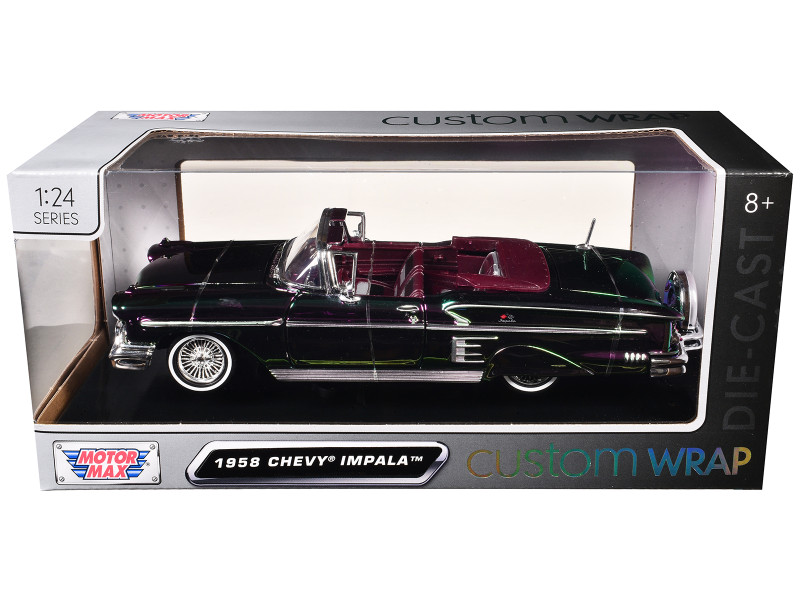1958 Chevrolet Impala Green and Purple Chrome Custom Wrap Series 1/24 Diecast Model Car Motormax 79082