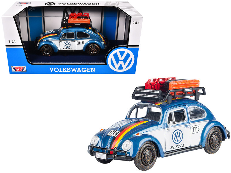1966 Volkswagen Beetle Off Road #1718 Blue Metallic and White with German Flag Stripes and Roof Rack Accessories 1/24 Diecast Model Car Motormax 79681