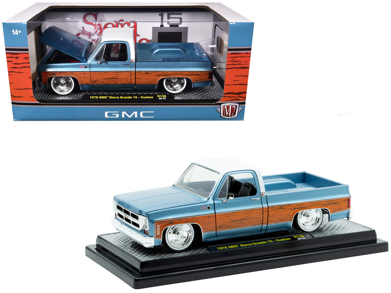 1976 GMC Sierra Grande 15 Pickup Truck Blue Metallic with White Top and Woodgrain Sides Limited Edition to 7050 pieces Worldwide 1/24 Diecast Model Car M2 Machines 40300-136B