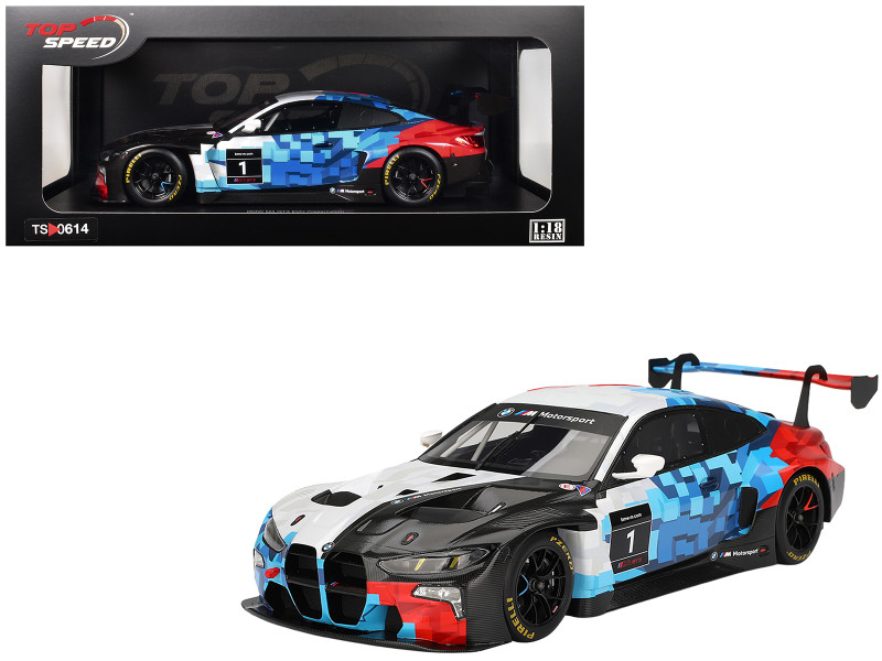 BMW M4 GT3 EVO Presentation #1 White with Carbon Blue and Red Graphics 1/18 Model Car Top Speed TS0614