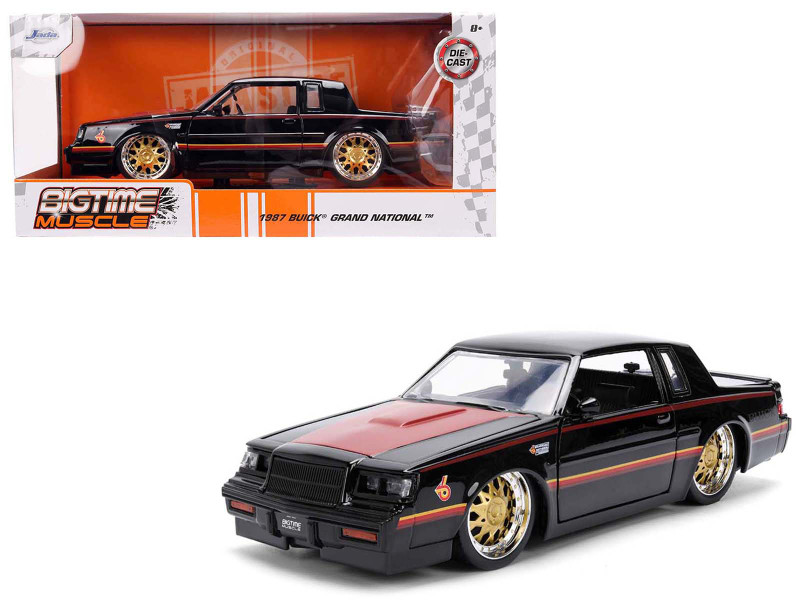 1987 Buick Grand National Black with Matt Red Hood and Stripes Bigtime Muscle Series 1/24 Diecast Model Car Jada 36586