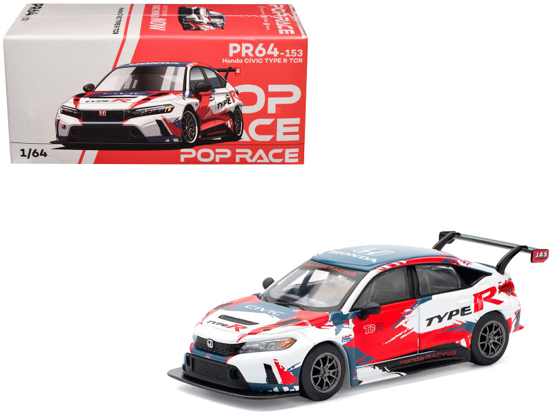 Honda Civic Type R TCR Presentation White with Graphics 1/64 Diecast Model Car Pop Race PR640153
