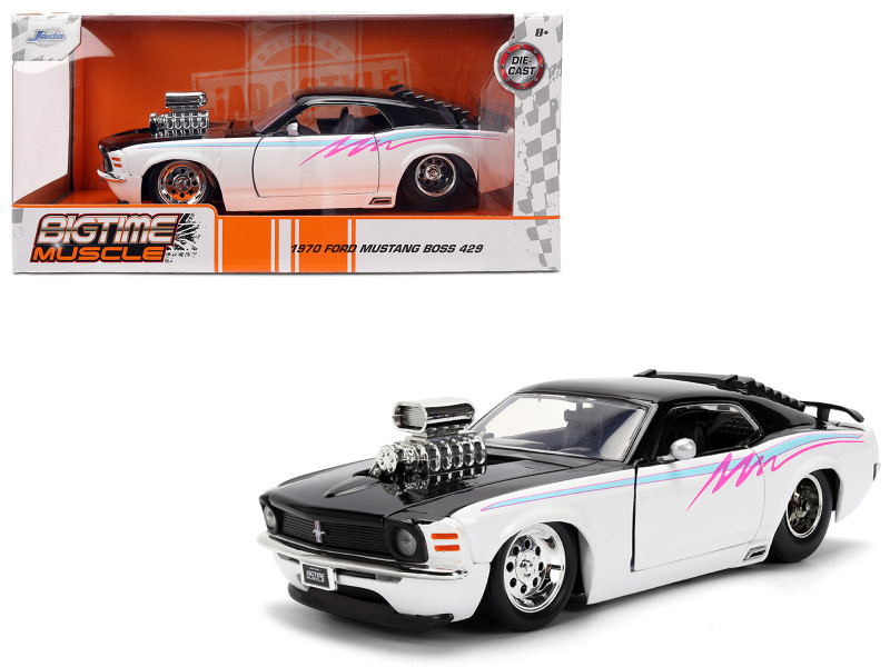 1970 Ford Mustang Boss 429 Black and White with Graphics Bigtime Muscle Series 1/24 Diecast Model Car Jada 36590