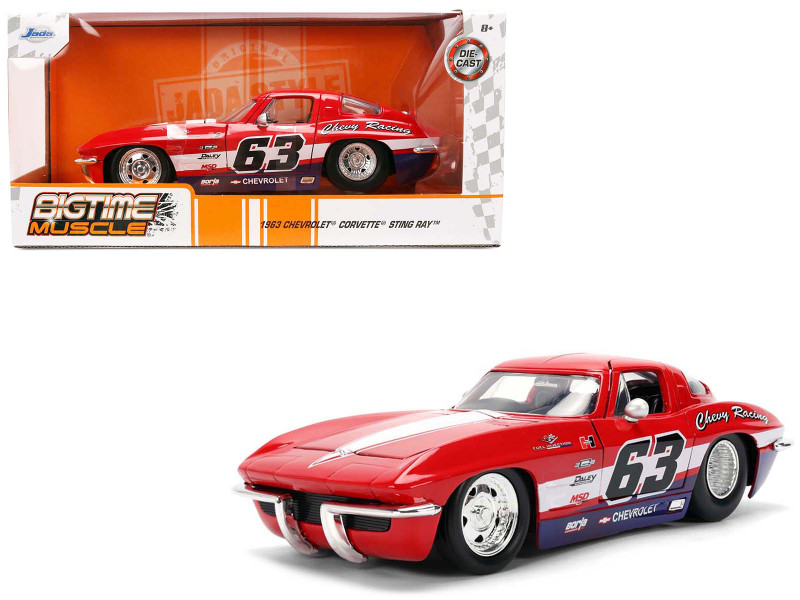 1963 Chevrolet Corvette Stingray #63 Chevy Racing Red with White and Blue Stripes Bigtime Muscle Series 1/24 Diecast Model Car Jada 365941963 Chevrolet Corvette Stingray #63 Chevy Racing Red with White and Blue Stripes Bigtime Muscle Series 1/24 Diecast Model Car Jada 36594