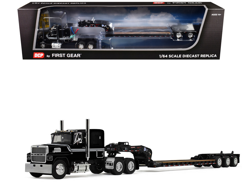 Ford LTL 9000 with 60 Flat Top Sleeper and Fontaine Magnitude Tri Axle Lowboy Trailer Black 1/64 Diecast Model DCP/First Gear 60-2102