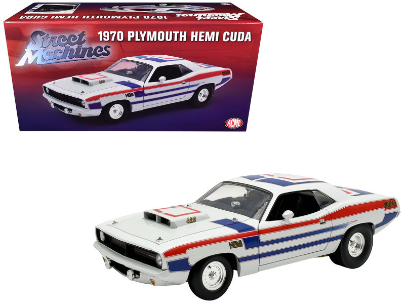 1970 Plymouth HEMI Cuda Street Machine White with Red and Blue Stripes Limited Edition to 366 pieces Worldwide 1/18 Diecast Model Car ACME A1806136