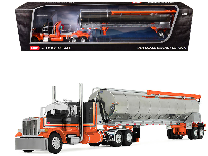 Peterbilt 379 with 48 Flat Top Sleeper and Walinga Bulk Feed Trailer Orange and Black with Stripes 1/64 Diecast Model DCP/First Gear 60-2128