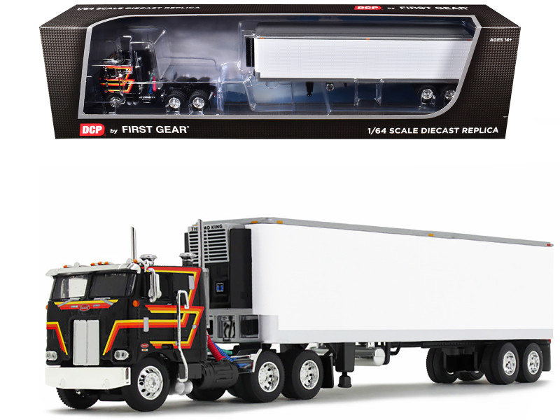 Peterbilt 352 COE 86 Sleeper and 40' Vintage Trailer with Reefer Black with Stripes 1/64 Diecast Model DCP/First Gear 60-2156