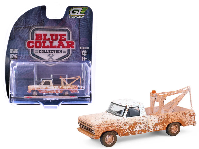 1973 Ford F 100 Tow Truck White Weathered Blue Collar Collection Series 14 1/64 Diecast Model Car Greenlight 35300B