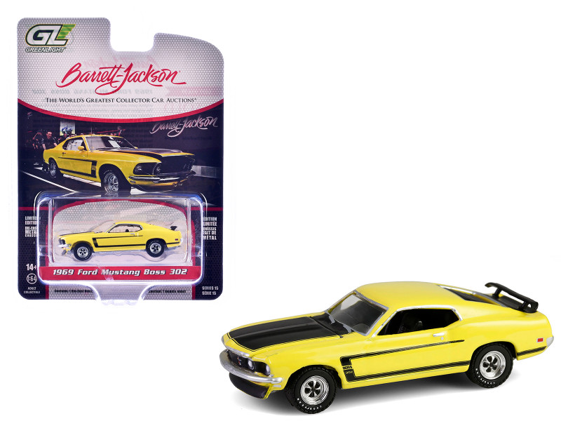 1969 Ford Mustang Boss 302 Bright Yellow with Black Hood and Stripes Barrett Jackson Series 15 1/64 Diecast Model Car Greenlight 37320B