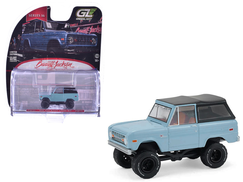 1972 Ford Bronco Custom SUV Light Blue with Black Top Barrett Jackson Series 16 1/64 Diecast Model Car Greenlight 37330F