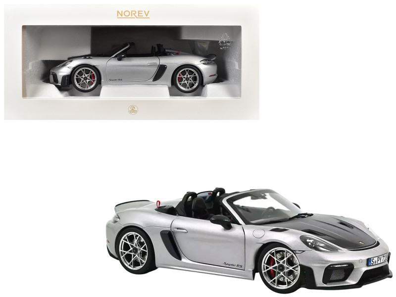 2023 718 Spyder RS Weissach Pack GT Silver Metallic with Carbon Hood 1/18 Diecast Model Car Norev 187270
