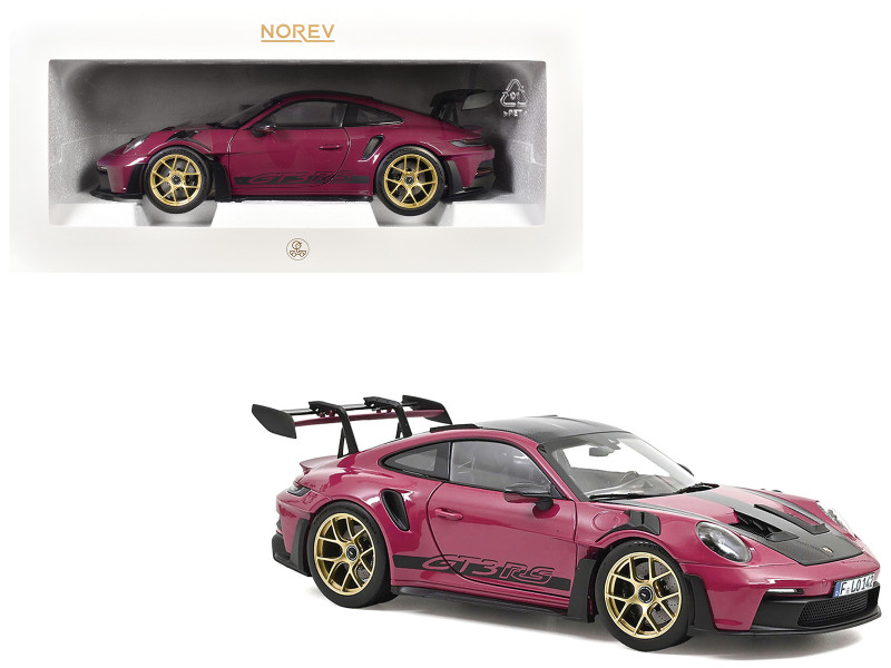 2022 Porsche 911 GT3 RS Weissach Pack Ruby Star Red with Carbon Top and Hood Stripes 1/18 Diecast Model Car Norev 187370