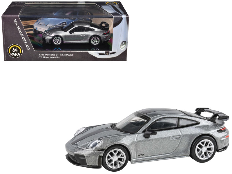 2025 Porsche 911 GT3 992 2 GT Silver Metallic with Carbon Stripe 1/64 Diecast Model Car Paragon Models PA-55872