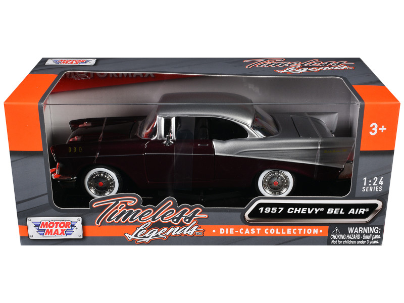 1957 Chevrolet Bel Air Burgundy Metallic and Silver Metallic Timeless Legends Series 1/24 Diecast Model Car Motormax 73228BUR