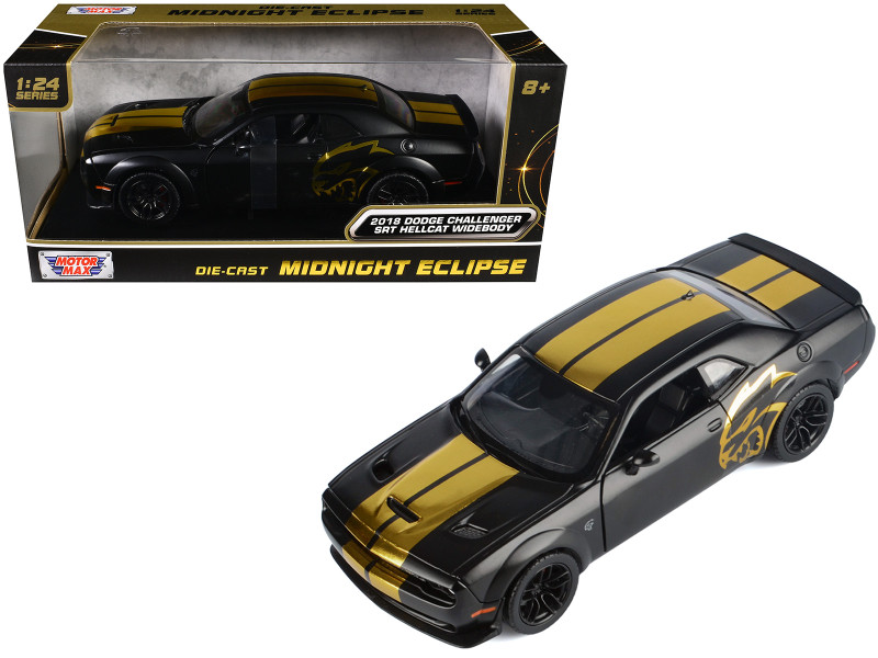 2018 Dodge Challenger SRT Hellcat Widebody Matt Black with Gold Stripes and Graphics Midnight Eclipse Series 1/24 Diecast Model Car Motormax 79201BK