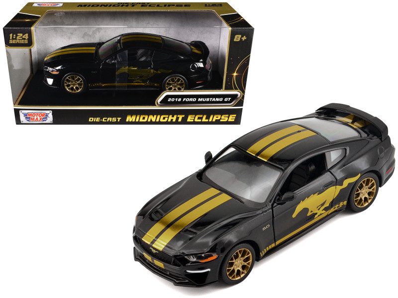 2018 Ford Mustang GT 5 0 Black with Gold Stripes and Graphics Midnight Eclipse Series 1/24 Diecast Model Car Motormax 79204
