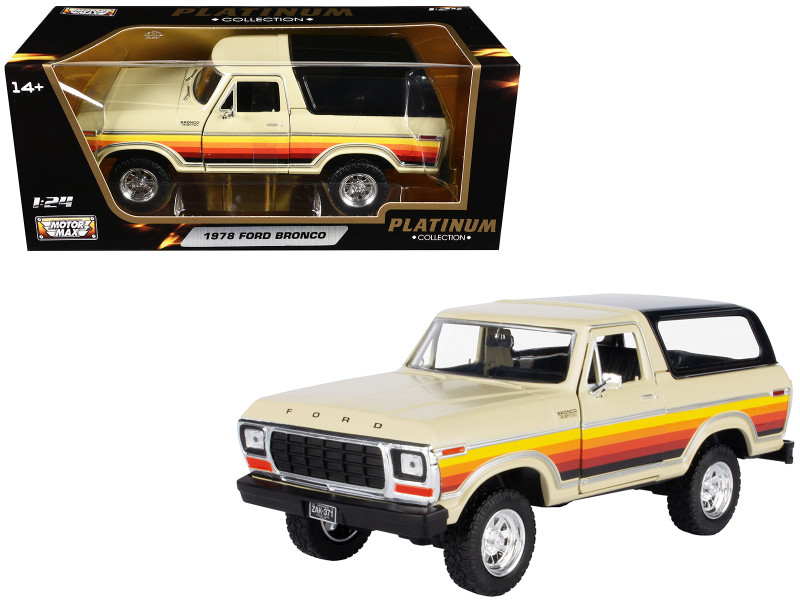 1978 Ford Bronco Custom Cream with Stripes and Black Top Platinum Collection Series 1/24 Diecast Model Car Motormax 79373CRM