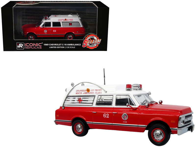 1969 Chevrolet C 10 Ambulance Los Angeles City Fire Department Red and White 5 Alarm Series Limited Edition 1/50 Diecast Model Iconic Replicas 50-0586