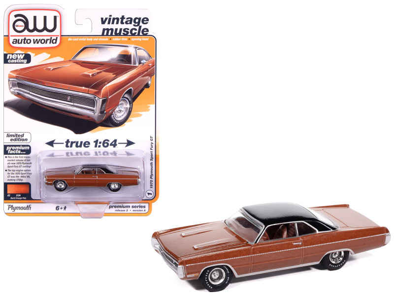 1970 Plymouth Sport Fury GT Burnt Orange Metallic with Black Top and Orange Interior Vintage Muscle Series 1/64 Diecast Model Car Auto World 64512-AWSP192A