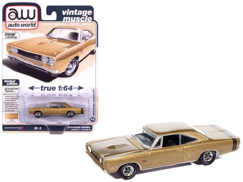 1968 Dodge Coronet R T Medium Gold Metallic Vintage Muscle Series 1/64 Diecast Model Car Auto World 64512-AWSP194B