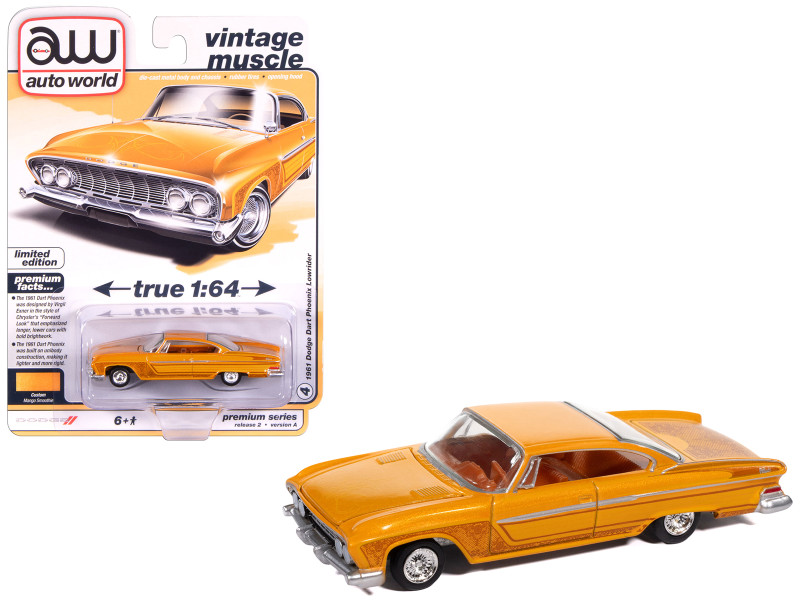 1961 Dodge Dart Phoenix Lowrider Mango Smoothie Metallic with Graphics and Orange Interior Vintage Muscle Series 1/64 Diecast Model Car Auto World 64512-AWSP195A
