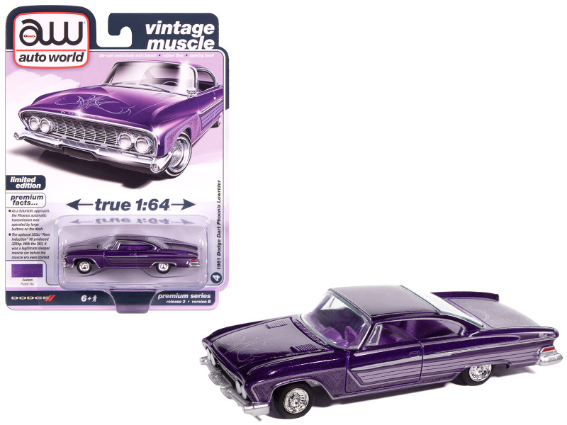 1961 Dodge Dart Phoenix Lowrider Purple Sky Metallic with Graphics and Purple Interior Vintage Muscle Series 1/64 Diecast Model Car Auto World 64512-AWSP195B