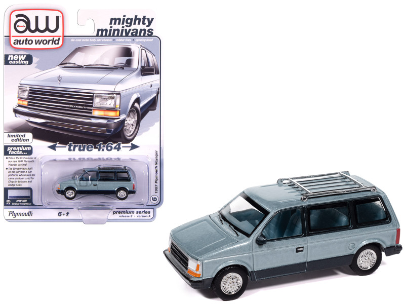 1987 Plymouth Voyager Van Ice Blue Metallic and Twilight Blue Metallic 2 Tone with Blue Interior Mighty Minivans Series 1/64 Diecast Model Car Auto World 64512-AWSP197A