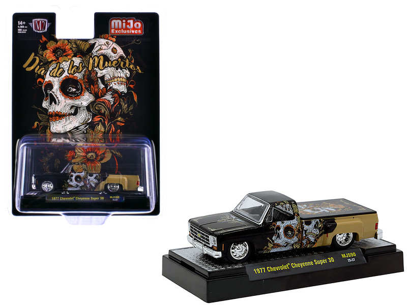 1977 Chevrolet Cheyenne Super 30 Pickup Truck Dia De Los Muertos Black with Graphics Limited Edition to 9900 pieces Worldwide 1/64 Diecast Model Car M2 Machines 31500-MJS90