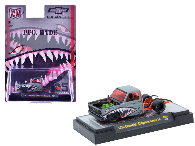 1973 Chevrolet Cheyenne Super 10 Bedless Truck PFC Hyde Gray with Shark Mouth Graphics Lowriders Limited Edition to 12364 pieces Worldwide 1/64 Diecast Model Car M2 Machines 31500-HS62