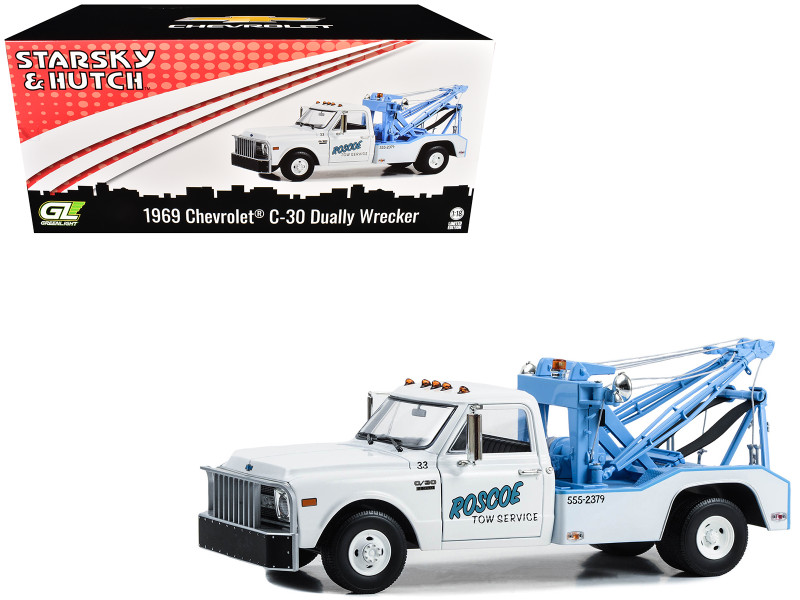 1969 Chevrolet C 30 Dually Wrecker Tow Truck Roscoe Tow Service White Starsky and Hutch 1975 1979 TV Series 1/18 Diecast Model Car Greenlight 13684