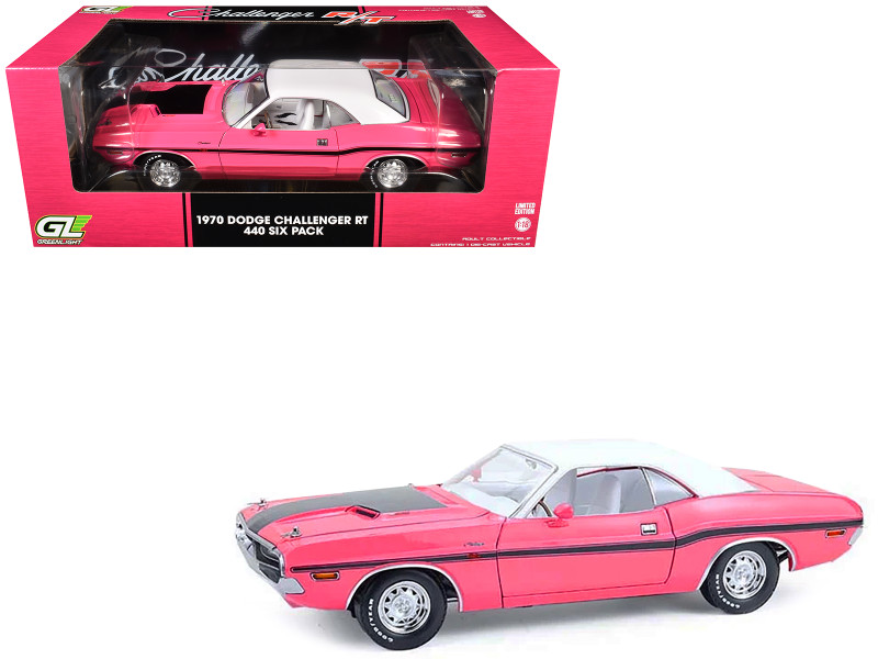 1970 Dodge Challenger R T 440 Six Pack Panther Pink with Black Stripes White Top and White Interior 1/18 Diecast Model Car Greenlight 13699
