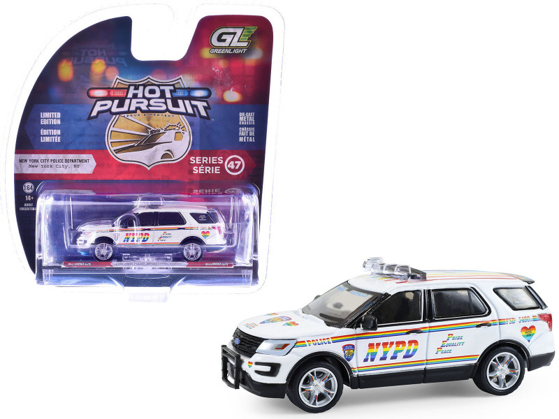 2016 Ford Police Interceptor Utility New York Police Department NYPD Pride Livery White with Rainbow Stripes Hot Pursuit Series 47 1/64 Diecast Model Car Greenlight 43050C