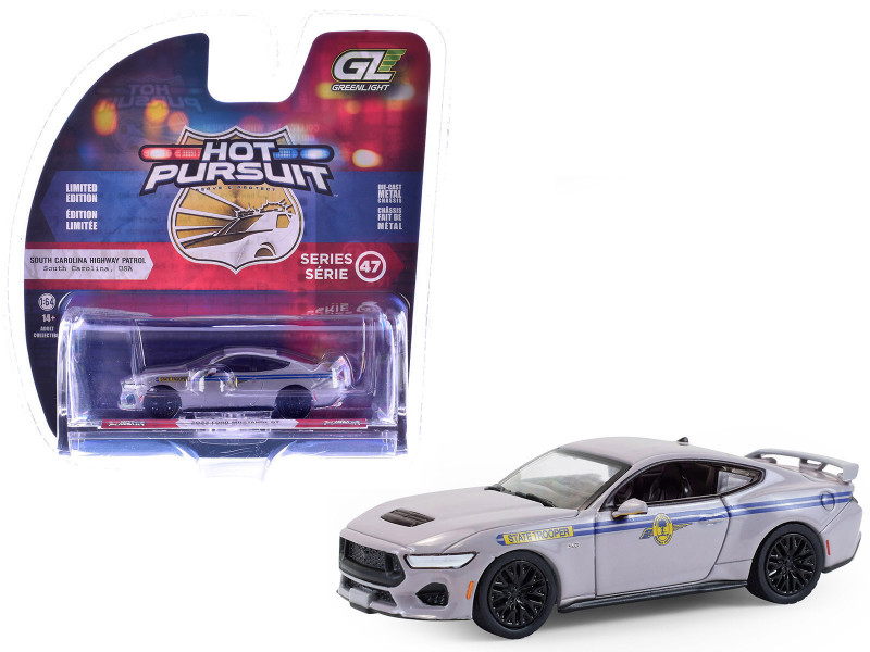 2023 Ford Mustang GT South Carolina Highway Patrol Gray with Blue Stripes Hot Pursuit Series 47 1/64 Diecast Model Car Greenlight 43050F