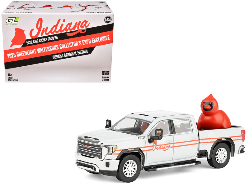 2022 GMC Sierra 3500 HD Pickup Truck Indiana Cardinals Silver Metallic with Red Stripes and Cardinal Figure 2025 Greenlight Waltersons Collector s Expo Exclusive 1/64 Diecast Model Car Greenlight 51684A