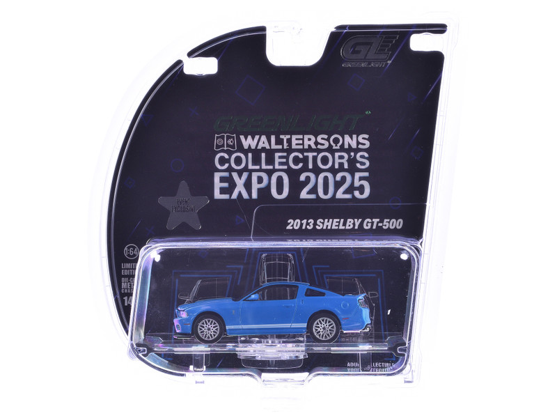 2013 Shelby GT 500 Blue with White Stripes 2025 Greenlight Waltersons Collector s Expo Exclusive 1/64 Diecast Model Car Greenlight 51684B