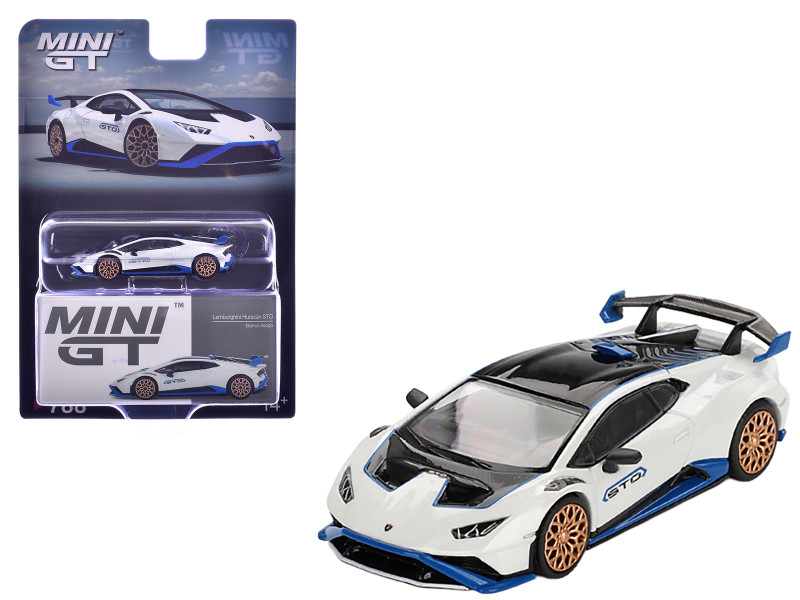 Lamborghini Huracan STO Bianco Asopo White with Black Top and Blue Accents Limited Edition 1/64 Diecast Model Car Mini GT MGT00788