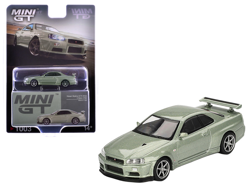Nissan Skyline GT R R34 V Spec II Nur RHD Right Hand Drive Millenium Jade Metallic Limited Edition 1/64 Diecast Model Car Mini GT MGT01003