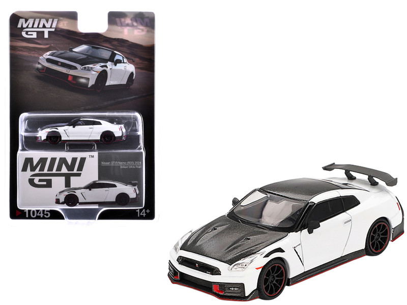2024 Nissan GT R Nismo R35 Brilliant White Pearl with Carbon Hood and Top Limited Edition 1/64 Diecast Model Car Mini GT MGT01045