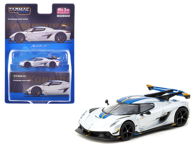 Koenigsegg Jesko Attack Silver Metallic with Blue Stripes Global64 Series 1/64 Diecast Model Tarmac Works T64G-TL052-SL