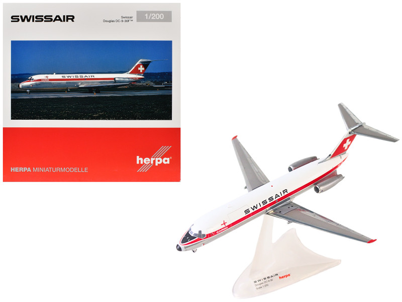 Douglas DC 9 30F Commercial Aircraft Swissair HB IFW White with Red Stripes 1/200 Diecast Model Airplane Herpa HE573344