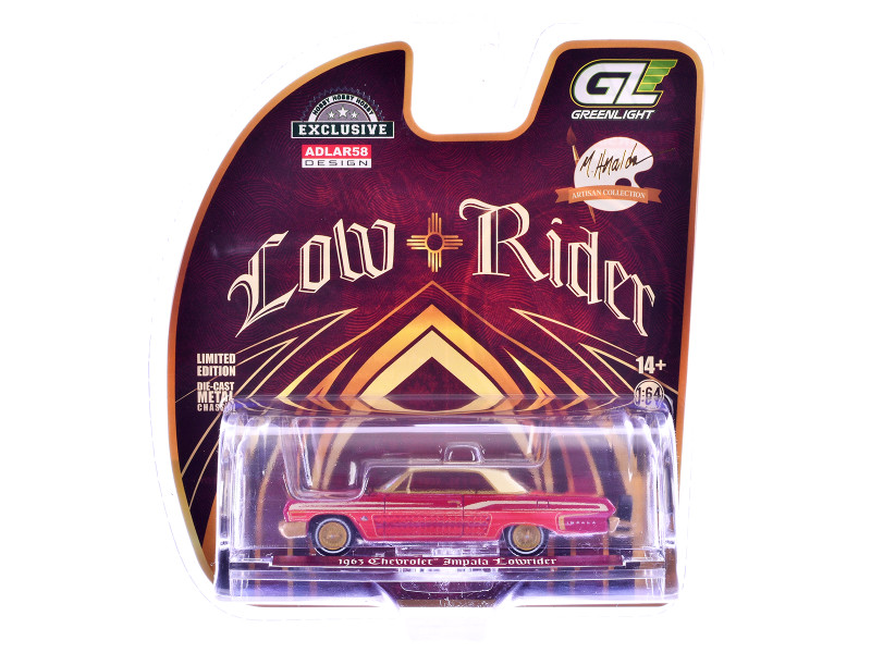 1963 Chevrolet Impala Lowrider Michael Heralda Special Edition Red Metallic with Cream Top and Interior with Gold Graphics Hobby Exclusive Series 1/64 Diecast Model Car Greenlight GL-2020001