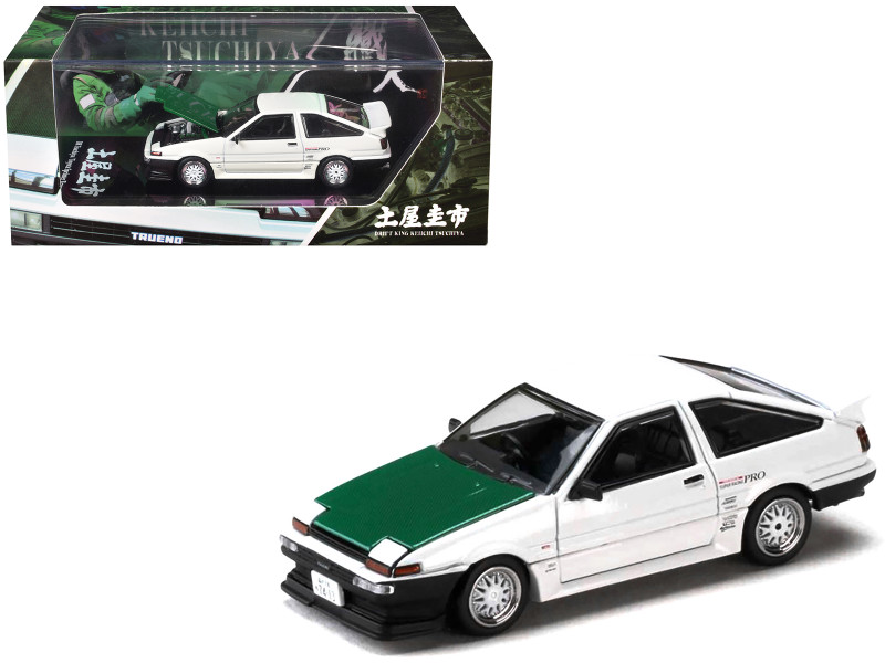 Toyota Sprinter Trueno AE86 RHD Right Hand Drive Keiichi Tsuchiya Dori Dori Mesh Wheels White with Green Carbon Hood 1/64 Diecast Model Car Hobby Japan HJ646052BDK