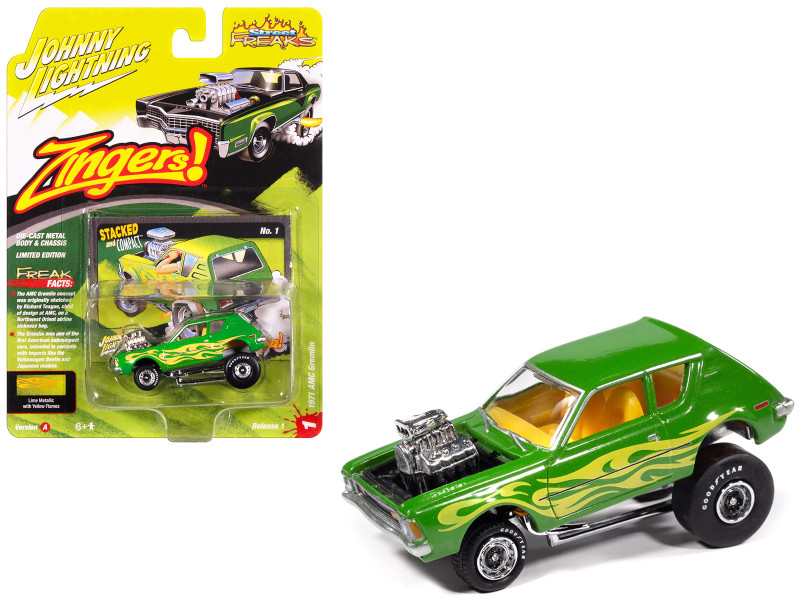 1971 AMC Gremlin Lime Green Metallic with Yellow Flames and Interior Zingers Series 1/64 Diecast Model Car Johnny Lightning JLSF027-JLSP402A