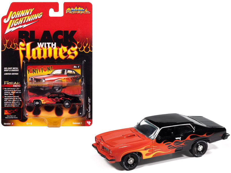 1974 Pontiac GTO Black and Red with Flame Graphics Black with Flames Series 1/64 Diecast Model Car Johnny Lightning JLSF027-JLSP405A