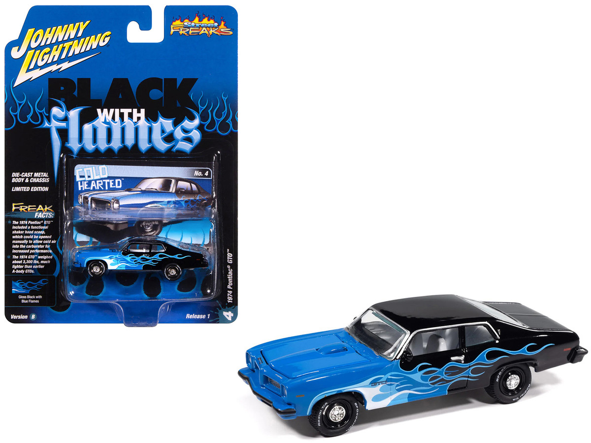 1974 Pontiac GTO Black and Blue with Blue Flame Graphics with