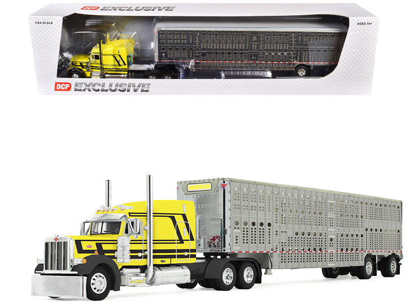Peterbilt 379 with 63 Mid-Roof Sleeper and Wilson Silverstar Livestock Trailer Harrison Trucking Yellow with Black Stripes 1/64 Diecast Model DCP/First Gear 60-2104