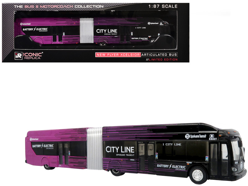 New Flyer Xcelsior XE60 Articulated Transit Bus Spokane Transit City Line Black and Purple The Bus & Motorcoach Collection Limited Edition 1/87 (HO) Diecast Model Iconic Replicas 87-0607